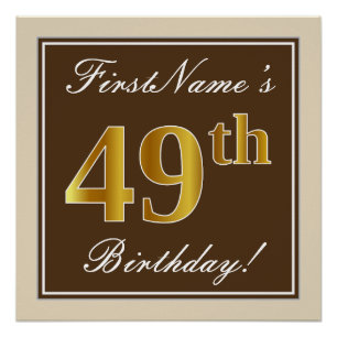 Poster Elégant, Brown, Faux Gold 49ème Anniversaire + Nom
