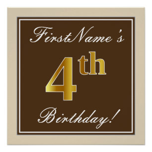 Poster Elégant, Brown, Faux Gold 4ème anniversaire + Nom