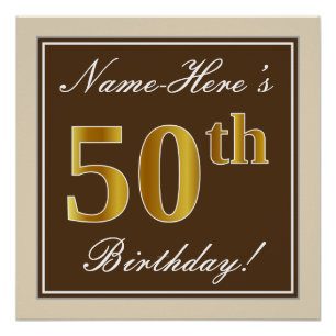Poster Elégant, Brown, Faux Gold 50e anniversaire + Nom