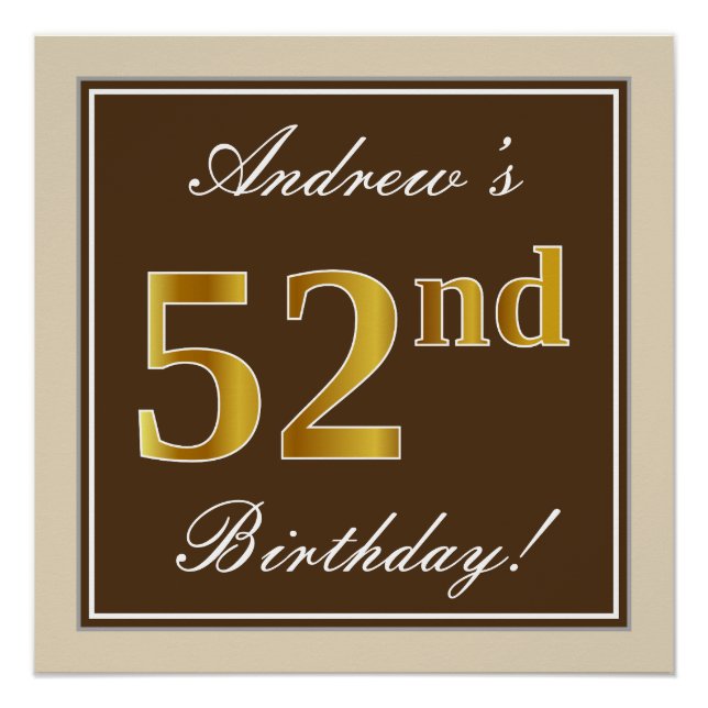 Poster Elégant, Brown, Faux Gold 52e anniversaire + Nom (Devant)