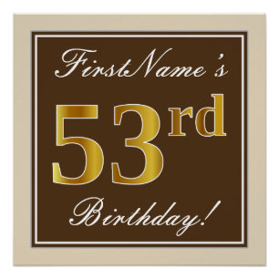 Poster Elégant, Brown, Faux Gold 53ème anniversaire + Nom