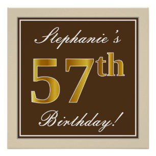 Poster Elégant, Brown, Faux Gold 57ème anniversaire + Nom