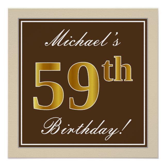 Poster Elégant, Brown, Faux Gold 59ème anniversaire + Nom (Devant)
