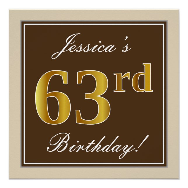 Poster Elégant, Brown, Faux Gold 63ème anniversaire + Nom (Devant)