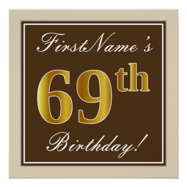 Poster Elégant, Brown, Faux Gold 69e anniversaire + Nom (Devant)