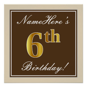Poster Élégant, Brown, Faux Gold 6e anniversaire + Nom