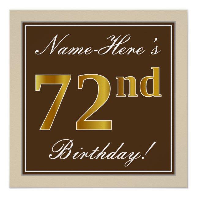 Poster Elégant, Brown, Faux Gold 72e anniversaire + Nom (Devant)