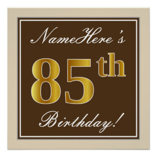 Poster Elégant, Brown, Faux Gold 85ème anniversaire + Nom