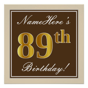 Poster Elégant, Brown, Faux Gold 89ème anniversaire + Nom