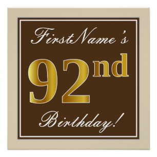Poster Elégant, Brown, Faux Gold 92ème anniversaire + Nom