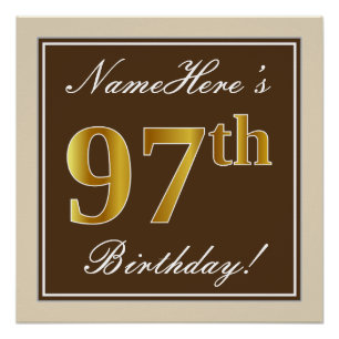 Poster Elégant, Brown, Faux Gold 97ème anniversaire + Nom