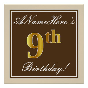 Poster Elégant, Brown, Faux Gold 9e anniversaire + Nom