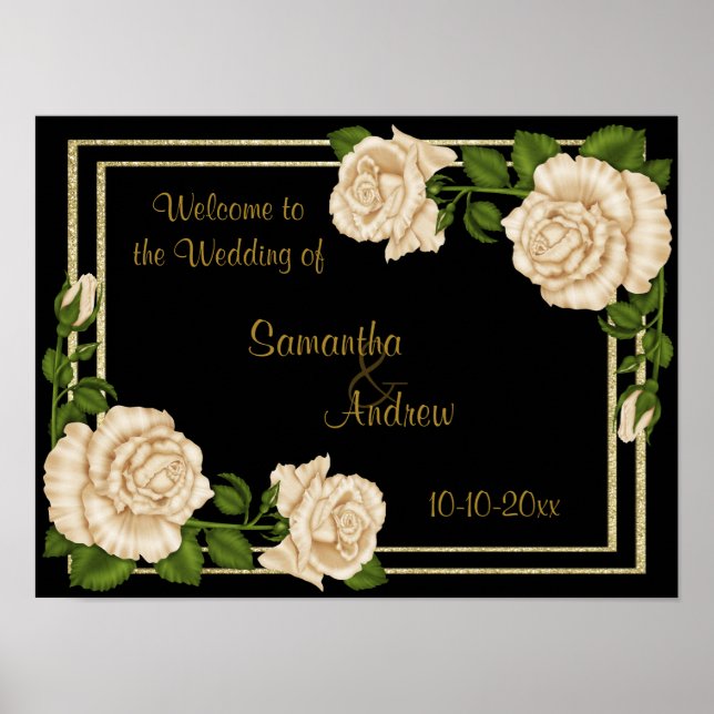Poster Élégant Chic Coin Ivory Roses Bouquets Mariage (Devant)
