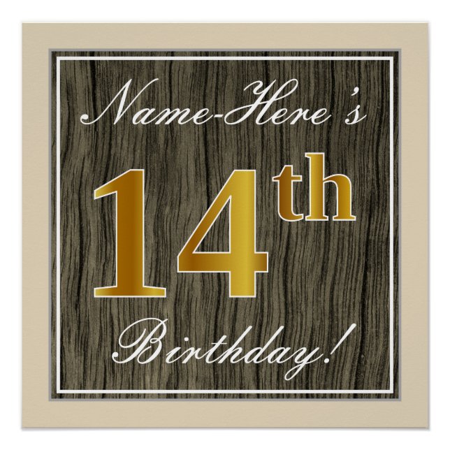 Poster Elégant, Faux Wood, Faux Gold 14ème Anniversaire + (Devant)