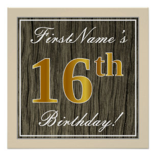 Poster Elégant, Faux Wood, Faux Gold 16e anniversaire + N
