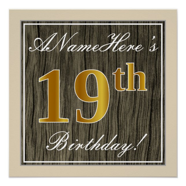 Poster Elégant, Faux Wood, Faux Gold 19e Anniversaire + N (Devant)