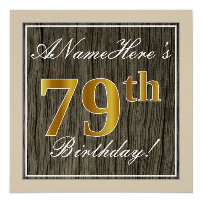 Poster Elégant, Faux Wood, Faux Gold 79e Anniversaire + N (Devant)