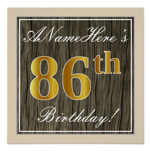 Poster Elégant, Faux Wood, Faux Gold 86ème Anniversaire + (Devant)
