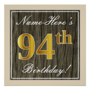 Poster Elégant, Faux Wood, Faux Gold 94ème Anniversaire +