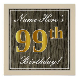 Poster Elégant, Faux Wood, Faux Gold 99e Anniversaire + N