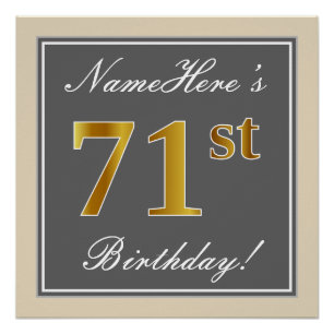 Poster Elégant, Grey, Faux Gold 71ème Anniversaire + Nom