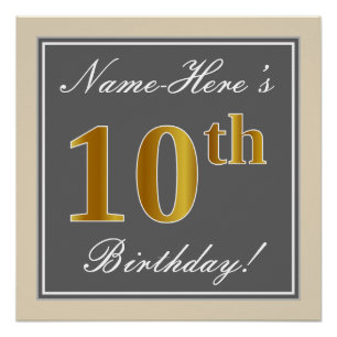 Poster Elégant, gris, Faux Gold 10e anniversaire + Nom