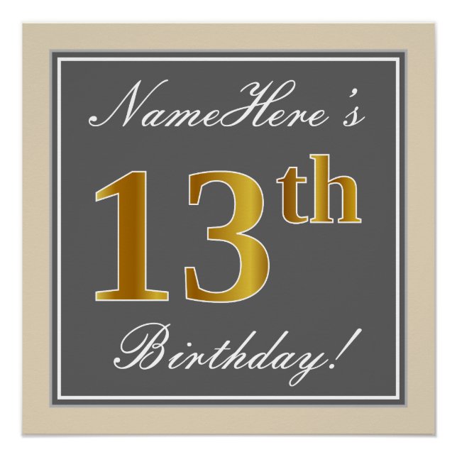 Poster Elégant, gris, Faux Gold 13ème anniversaire + Nom (Devant)