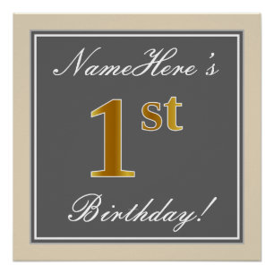 Poster Elégant, Gris, Faux Gold 1er Anniversaire; Nom per