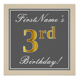 Poster Elégant, gris, Faux Gold 3e anniversaire; Nom pers
