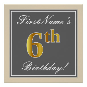 Poster Elégant, gris, Faux Gold 6e anniversaire; Nom pers