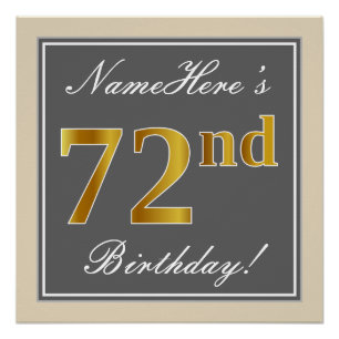 Poster Elégant, gris, Faux Gold 72e anniversaire + Nom