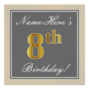 Poster Elégant, gris, Faux Gold 8e anniversaire; Nom pers