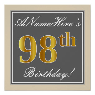 Poster Elégant, gris, Faux Gold 98ème anniversaire + Nom