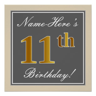 Poster Elégant, gris, Faux Or 11ème anniversaire + Nom