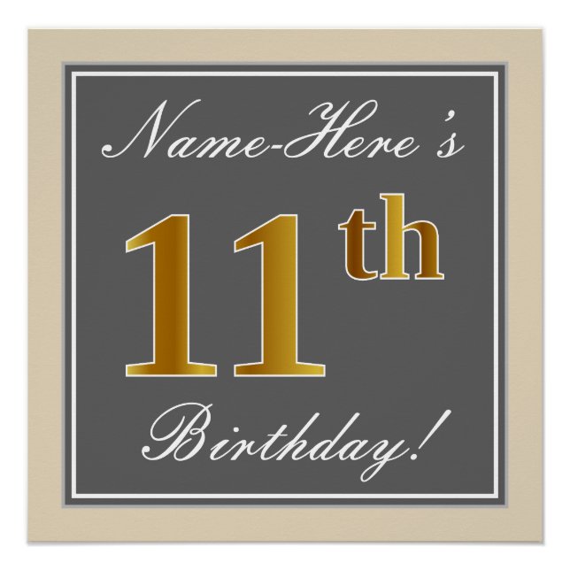 Poster Elégant, gris, Faux Or 11ème anniversaire + Nom (Devant)