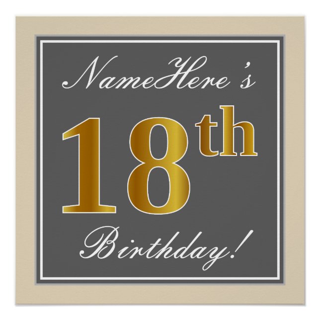 Poster Elégant, gris, Faux Or 18ème anniversaire + Nom (Devant)