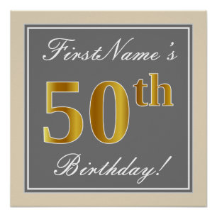 Poster Elégant, Gris, Faux Or 50e Anniversaire + Nom