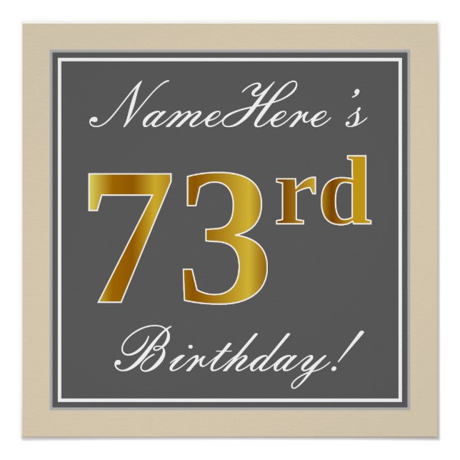 Poster Elégant, gris, Faux Or 73ème anniversaire + Nom (Devant)