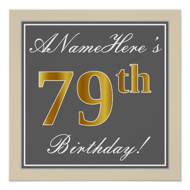 Poster Elégant, gris, Faux Or 79ème anniversaire + Nom (Devant)