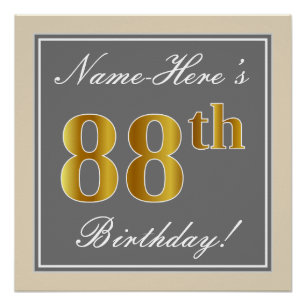Poster Elégant, gris, Faux Or 88ème anniversaire + Nom