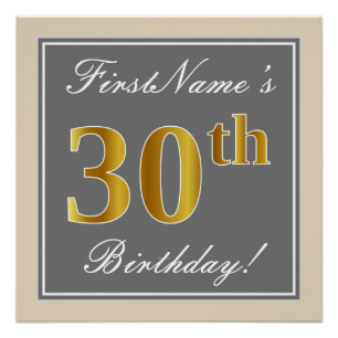 Poster Élégant, Gris, Or Faux 30e Anniversaire + Nom