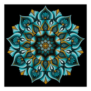 Poster Elégant Mandala bleu Boho de géométrie sacrée