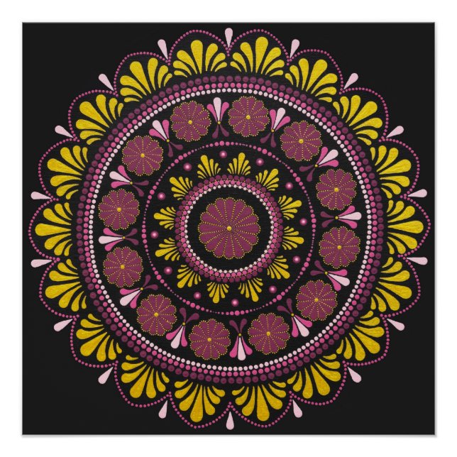 Poster Elégant Mandala d'or rose, Boho Zen Dot Art Flower (Devant)