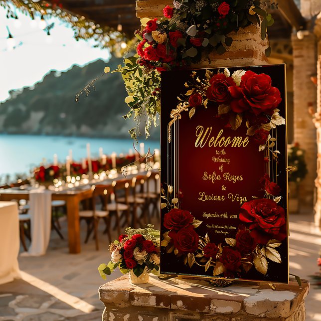 Poster Élégant Mariage rouge de Bourgogne Rose & Or (Romantic Glossy Burgundy Red Rose Wedding Welcome Poster)