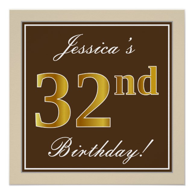 Poster Elégant, marron, doré faux 32e anniversaire + nom (Devant)