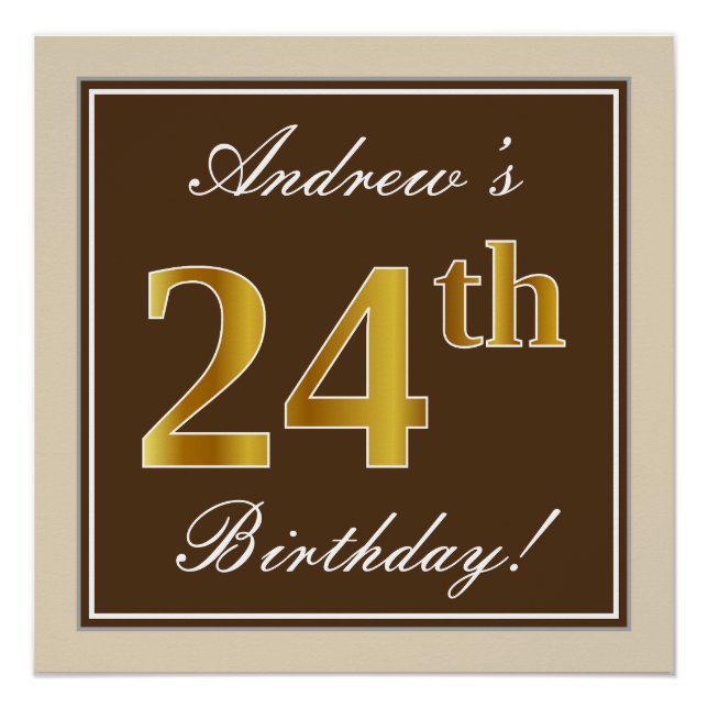 Poster Élégant, Marron, Or Faux 24e Anniversaire + Nom (Devant)