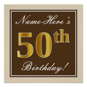 Poster Élégant, Marron, Or Faux 50e Anniversaire + Nom