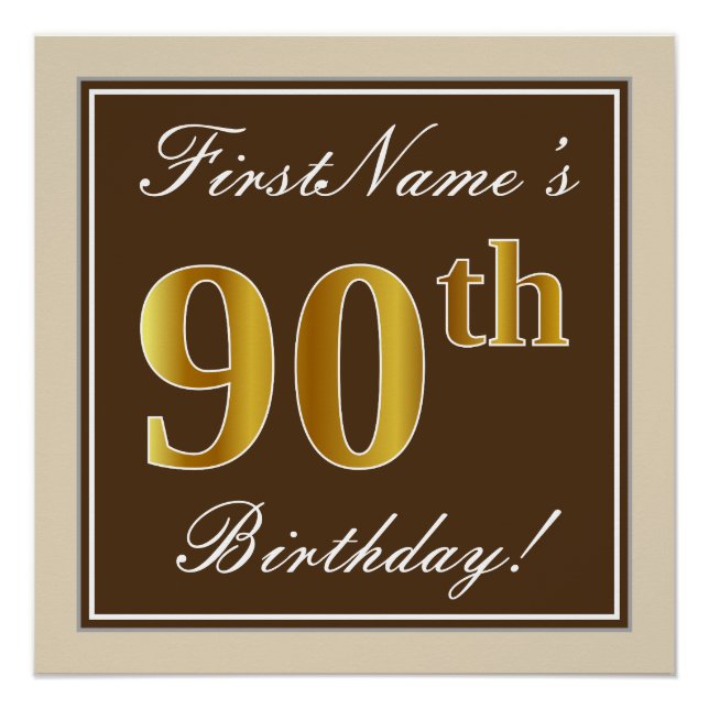 Poster Élégant, Marron, Or Faux 90e Anniversaire + Nom (Devant)