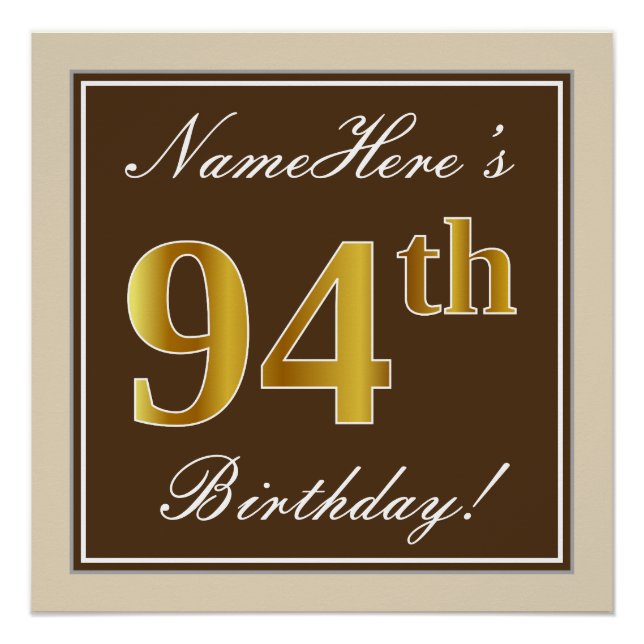 Poster Élégant, Marron, Or Faux 94e Anniversaire + Nom (Devant)