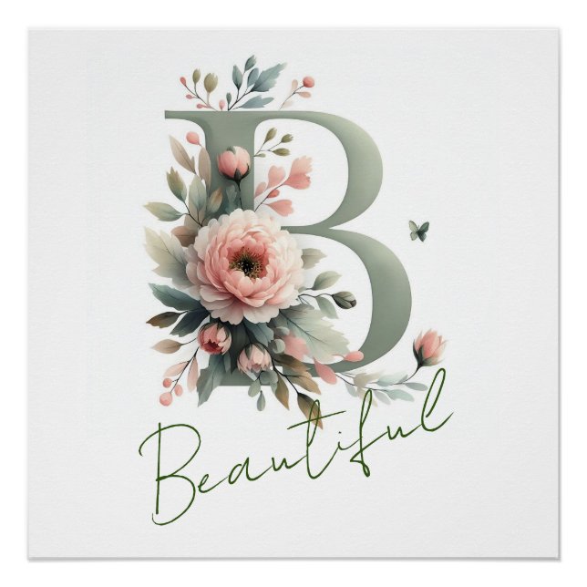 Poster Élégant Monogramme B Classique Pastel Rose Chic Pe (Devant)